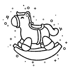 Hand-drawn rocking horse toy with playful sketch lines and whimsical decorative details on a white background