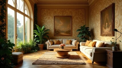 Fototapeta premium Serene Sunlight Illuminates Elegant Living Room with Plush Couches, Lush Greenery, and Intricate Wall Decor