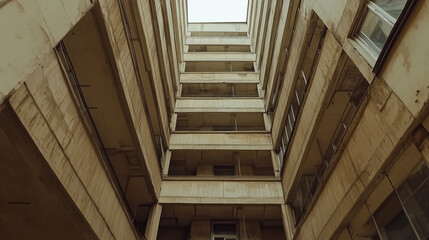 Fototapeta premium Upward view of weathered apartment building courtyard with dirty concrete walls and balconies, enclosed by tall symmetrical facades.