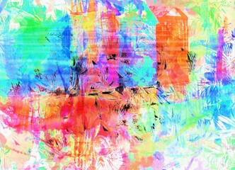 Color explosion over beach huts – digital art with rainbow textures