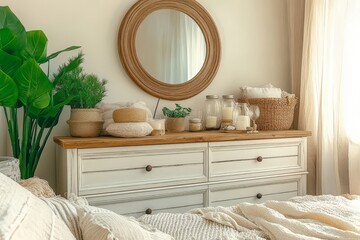 White wooden dresser with brown trim and wooden top, round mirror above, bathed in natural light in a bedroom setting with hyper-realistic appearance