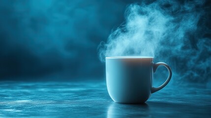 Creating a surreal and captivating scene with potential for conceptual interpretations, a white mug is levitating and steaming against a minimal background.