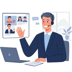 businessman with laptop on conference call