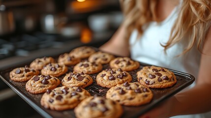 Creating a warm and inviting atmosphere in a modern kitchen, a woman is taking a tray of freshly baked chocolate chip cookies out of the oven.