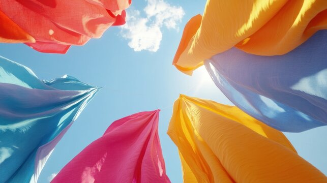 Vibrant colorful fabrics billowing in the wind against a bright blue sky