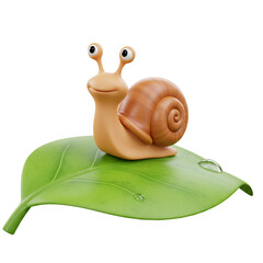 3d Illustration Cute Cartoon Snail on Green Leaf with Droplets