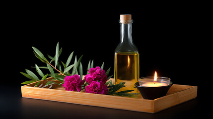 Bottle of olive oil with flowers on wooden tray on black background