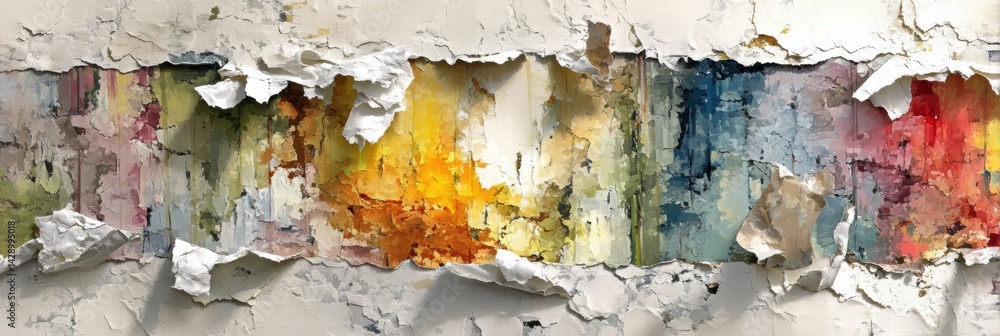 Poster torn paper reveals vibrant oil-themed underlayer showcasing a striking contrast of colors and textur