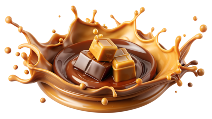 A delicious brown chocolate splash, a sweet cocoa liquid drop melting on transparent background