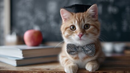 Smart ginger cat wearing graduation hat and bow tie is lying on desk with books and red apple in front of blackboard