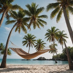 A hammock between two palm trees on white background