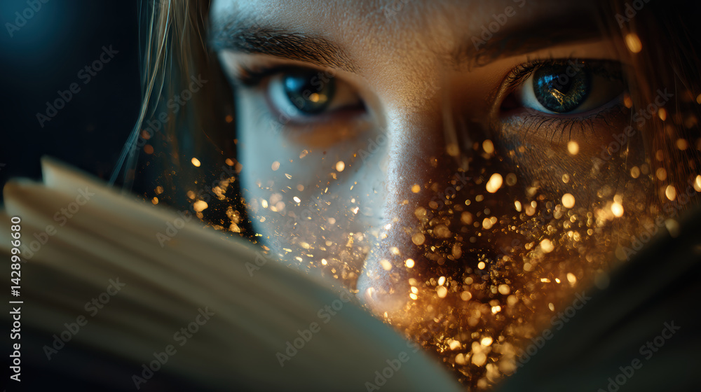 Aufkleber close up of person eyes illuminated by magical sparkles emerging from open book, creating sense of w