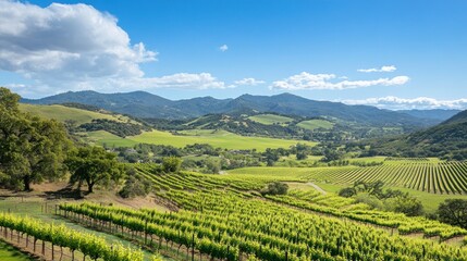 Naklejka premium Vineyard Valley Landscape, Sunny Day, Hills