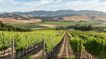 Fototapeta premium Vineyard rows, hills, sun, agriculture, California