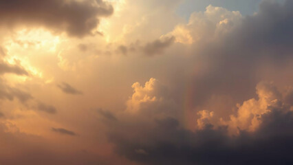 Obraz premium Golden Sunset Clouds with Hints of a Rainbow in the Sky