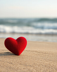 Fototapeta premium A red heart-shaped stone on a sandy beach with ocean waves in the background.