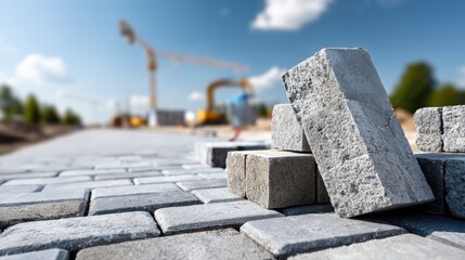 A stack of gray paver bricks shows one brick fallen over during installation, revealing an empty space between two rows in clear sunlight