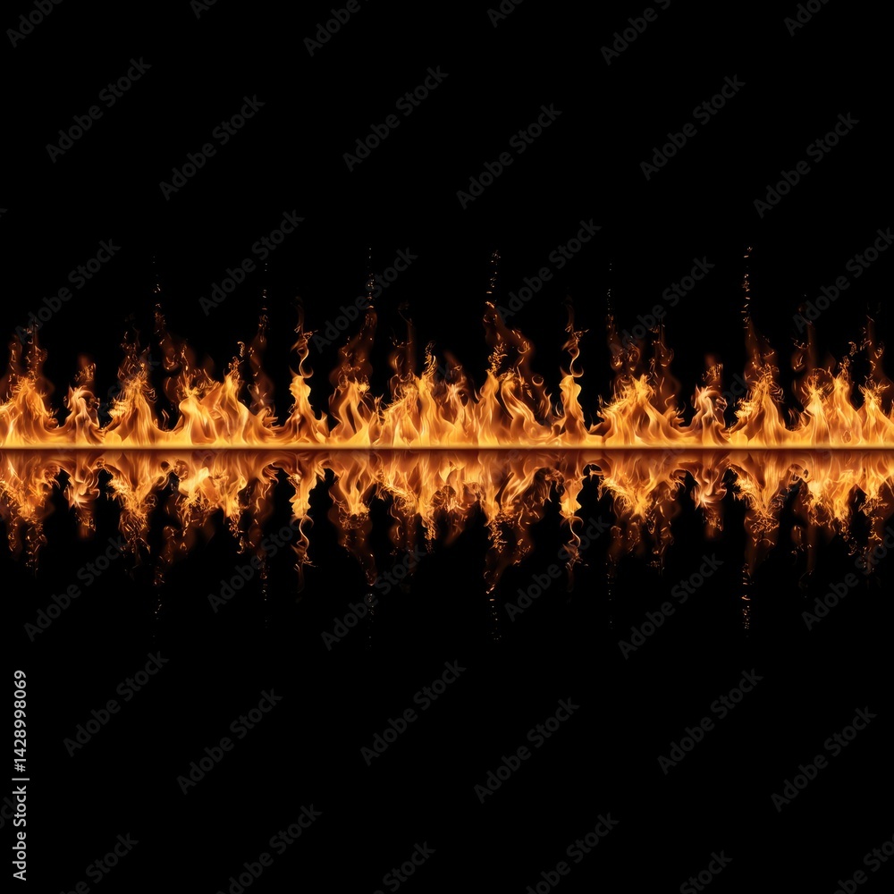 Poster seamless fire pattern with reflection on black background