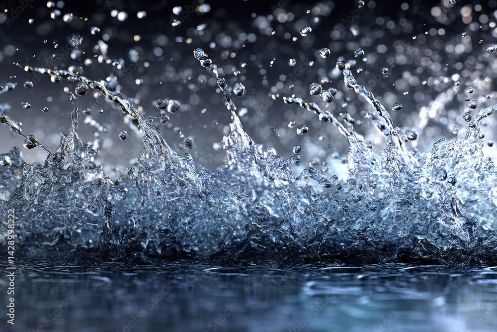Poster dynamic water splash captured mid-air with intricate detail and brilliant shine in a captivating dis