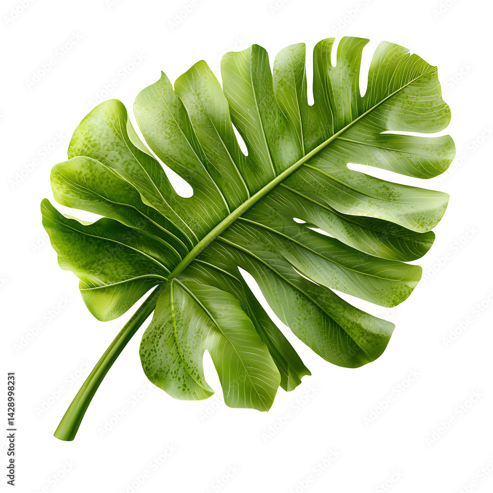 Poster a large vibrant green tropical leaf with a distinctive shape and intricate pattern set against a cle