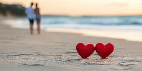 Fototapeta premium Two red hearts on sand with a couple blurred in the background by the beach.
