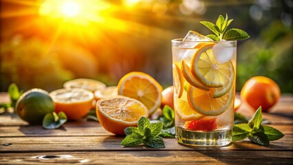 Fototapeta premium Summer Solstice Refreshing citrus drink with slices of lemon and lime, garnished with mint, set against a sunlit backdrop.