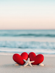 Fototapeta premium Two red heart-shaped stones and a starfish on a sandy beach with ocean waves in the background.