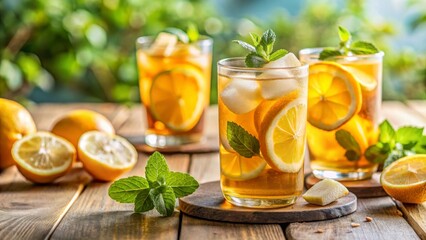 Fototapeta premium Summer Solstice Refreshing iced tea with lemon and mint served in glass jars on a wooden table.