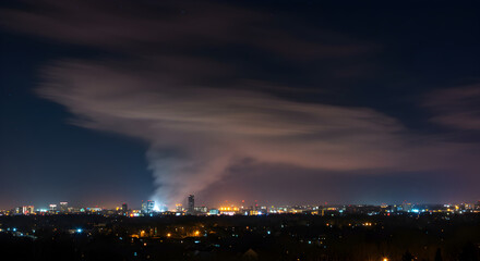 Fototapeta premium Night Cityscape Illuminated Under An Unusual Cloudscape With Darkened Sky