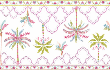 Seamless Multicolored Watercolor Moroccan Pattern with Stylized Palm Trees and Geometric Texture , Creative Repeat Modern Pattern with Ornamental Design
