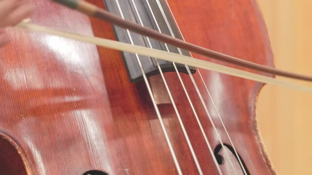 Musician playing double bass with bow in slow motion