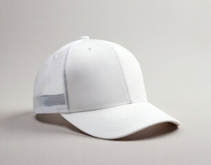 Fototapeta premium Empty white trucker cap hat mockup template isolated on a clean background, with a subtle shadow and beautiful fold, perfect for your branding design.