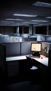 Dimly lit office space with empty cubicles at night showcasing a solitary desk with a computer