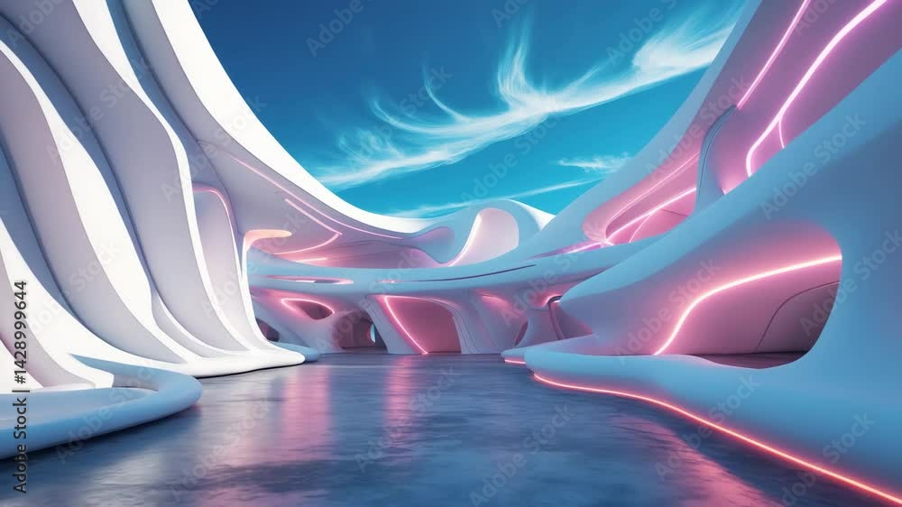 Poster futuristic white architecture featuring an abstract wavy structure on an empty floor