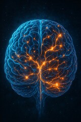 Front View Neon Brain with Electric Neural Networks Against Starry Cosmos
