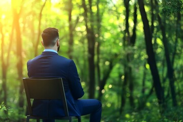Fototapeta premium A solitary businessman in a formal suit sits on a chair facing a lush green forest bathed in sunlight, representing a concept of work-life balance, mindfulness, and corporate retreat