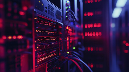 Complex server room with blinking lights and intricate cabling architecture