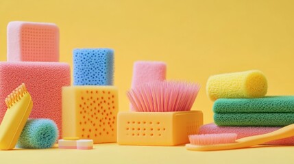 Colorful cleaning sponges and brushes arranged on a yellow background