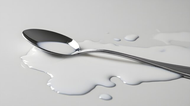 Silver Spoon on White Surface with Milk Spill Close-Up Shot - Powered by Adobe