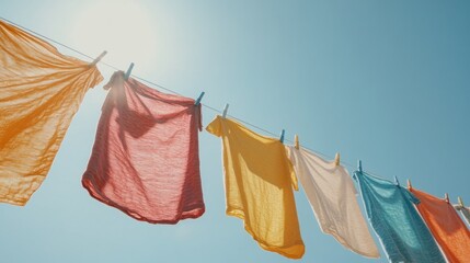 Colorful clothes drying on a clothesline under a bright sunny sky