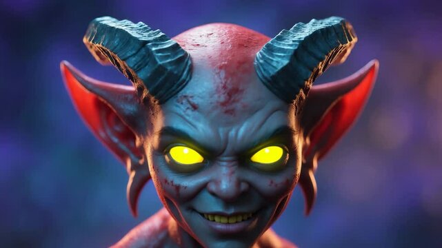 Full-body horror scene of a young devil in costume with fearsome features and CG graphics