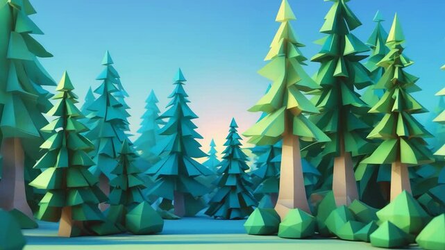 Summer-themed low poly animation of green pine forest under a blue sky