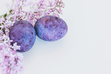Two beautifully decorated purple eggs rest gracefully amidst lilac flowers, embodying the spirit of spring and the joy of seasonal festivities in a easter ambiance. Celebrating easter with cosmic eggs