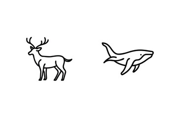 Minimalist Line Art Depicting Deer And Whale Marine Life Iconography Design