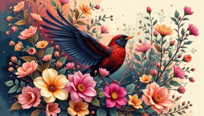 Fototapeta premium Floral explosion featuring a striking bird, blending into a botanical landscape.