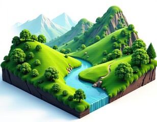 Isometric Green Mountain Landscape with River