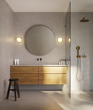 3d rendering of a minimal concrete bathroom with a shower a &sigma;&tau;&omicron;&omicron;&lambda; and bronze accessories, Mykonos boho style	