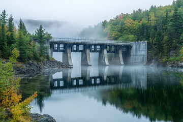 Fototapeta premium hydroelectric dam in the mountains, morning mist, calm water reflection, realistic photo style