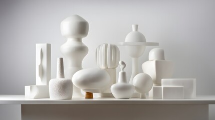 Modern Minimalist White Sculptures on Display in Artistic Arrangement