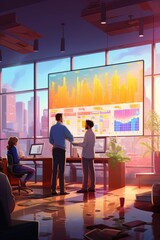 Office team discussing data on large monitor